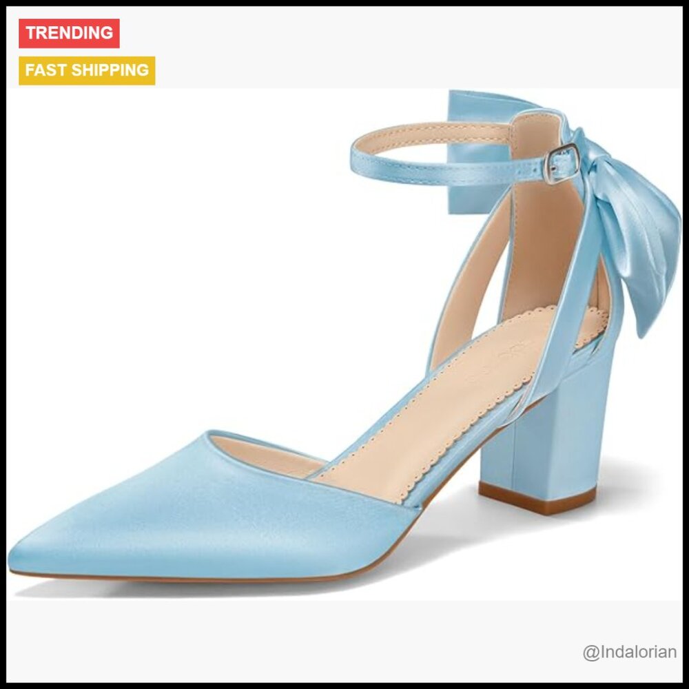 Chunky Heels Ankle Strap Pointed Toe Pumps with Bow Detail